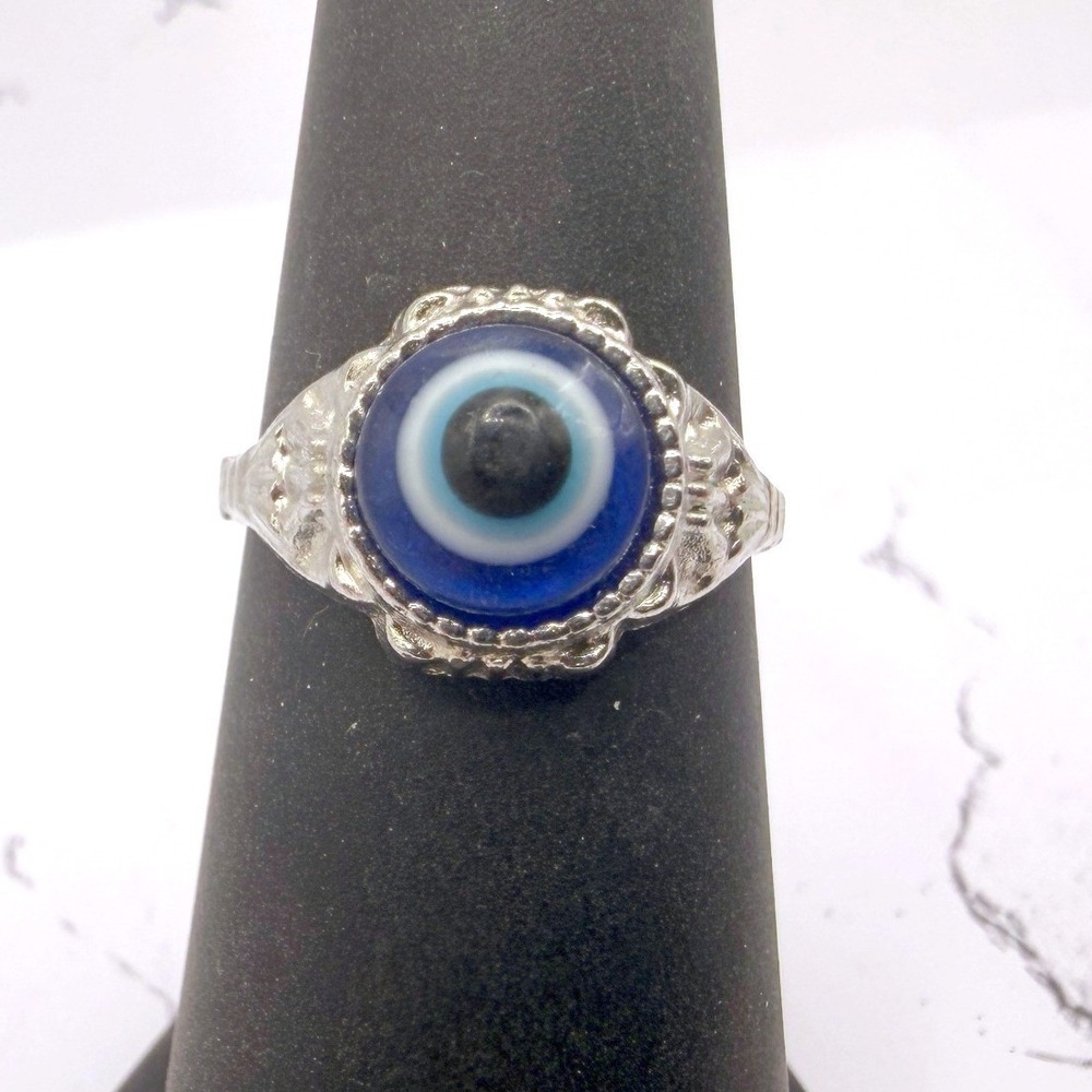 Blue Evil Eye Ring Silver Tone Size 6 Protective Talisman Statement Jewelry